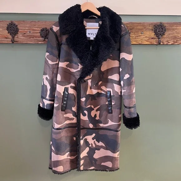 NVLT Anthropologie Camo Faux Fur‎ Lined Shearling Winter Coat Size S - Picture 2 of 7